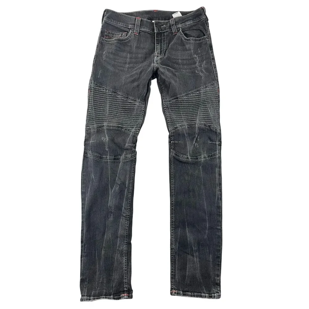True Religion Moto Jeans Black Wash Biker Stitch Slim Straight Men’s 32